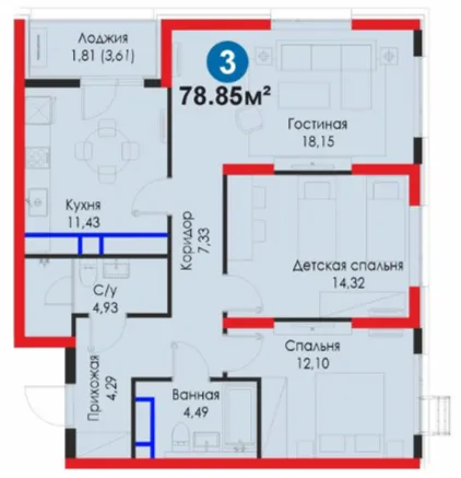 3-xonali 78.85 m²