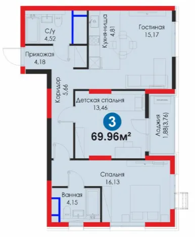 3-xonali 69.96 m²