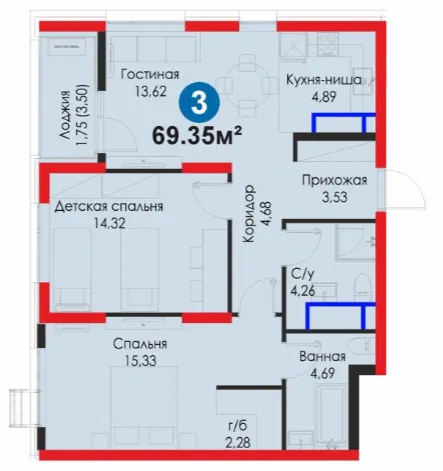 3-xonali 69.35 m²