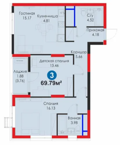 3-xonali 69.79 m²