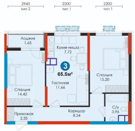 3-xonali 65.5 m²