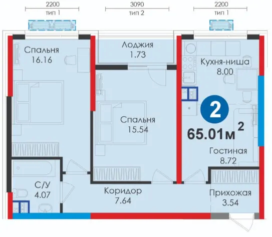 3-xonali 65.01 m²