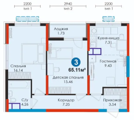 3 xonali 65.11 m²