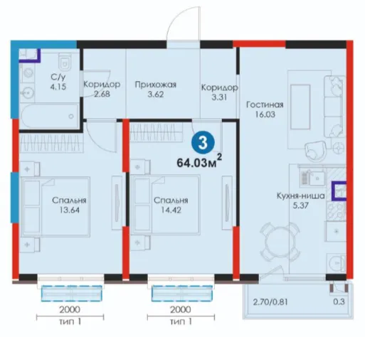 3 xonali 64.03 m²