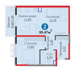 2 xonali, 55.47 m²
