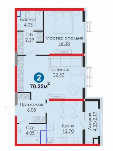 2 xonali, 70.22 m²