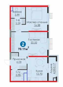 2 xonali, 70.11 m²