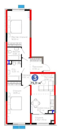 3 xonali 75.01 m²