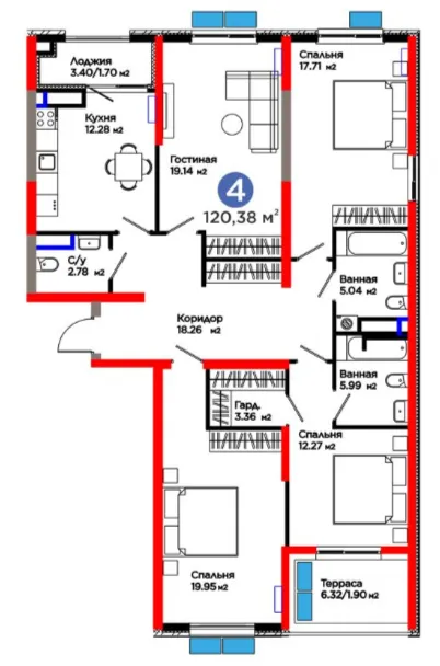 4 xonali 125.5 m²