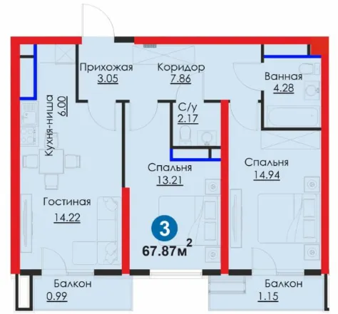3-xonali 67.87 m²