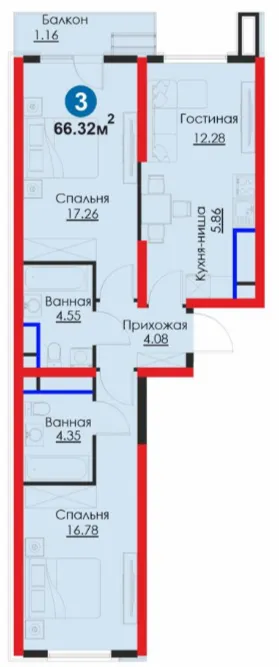 3-xonali 66.32 m²