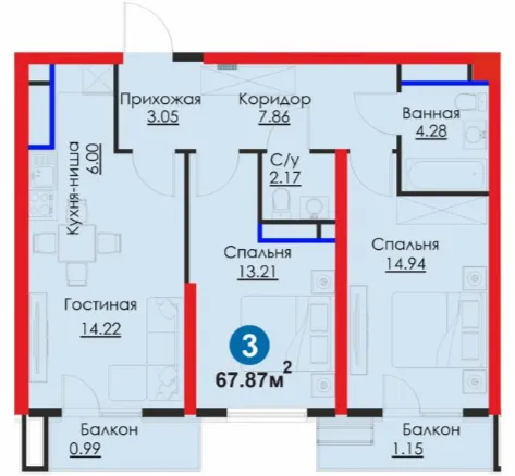 3-xonali 67.87 m²