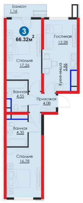 3-xonali 66.32 m²