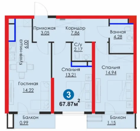 3-xonali 67.87 m²