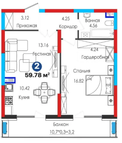 2-xonali 59.78 m²