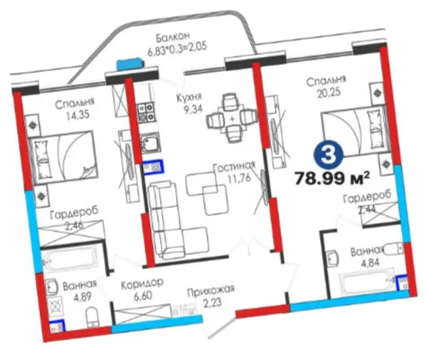 3-xonali 78.99 m²