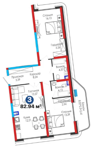 3-xonali 82.94 m²
