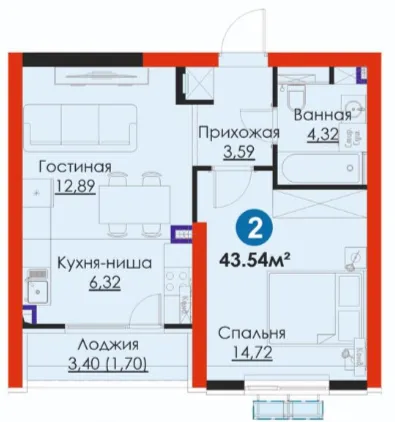 2-xonali 43.54 m²