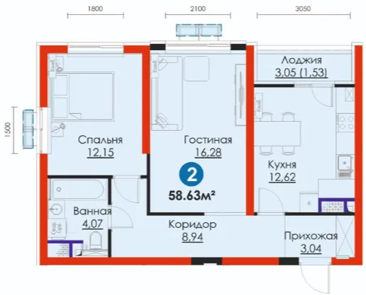 2-xonali 58.63 m²