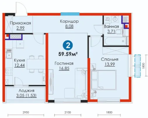 2-xonali 59.59 m²