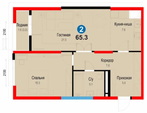 2-xonali 65.3 m²