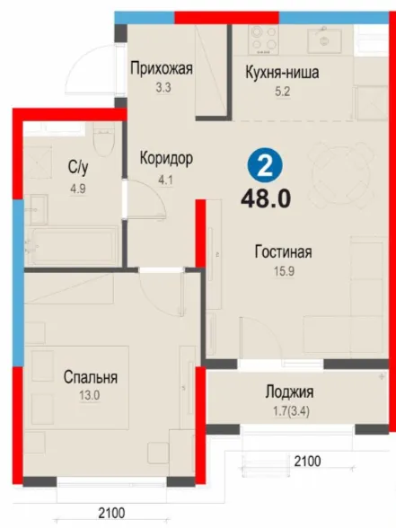 2-xonali 48 m²