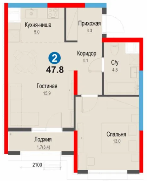 2-xonali 47.8 m²