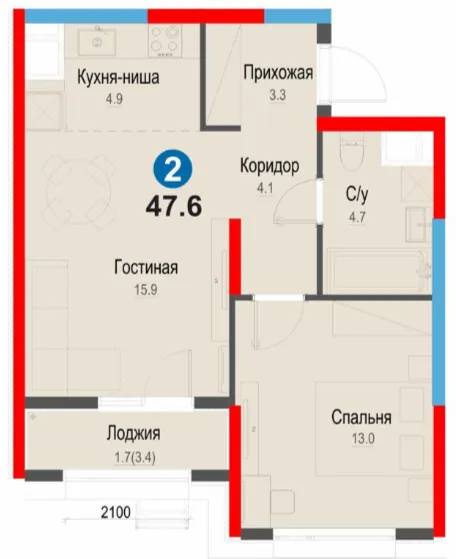 2-xonali 47.6 m²