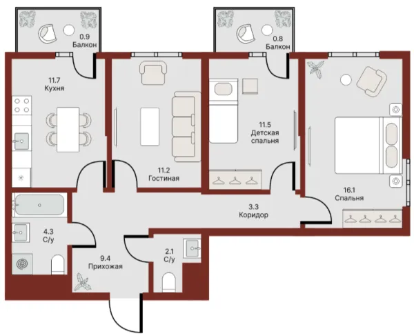 3 xonali 72.05 m²