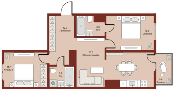 3 xonali, 65.9 m²