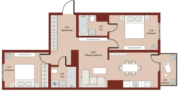 3 xonali, 65.9 m²