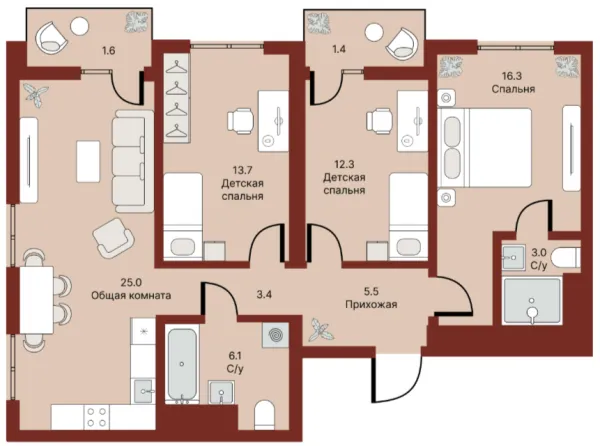 4 xonali 88.57 m²