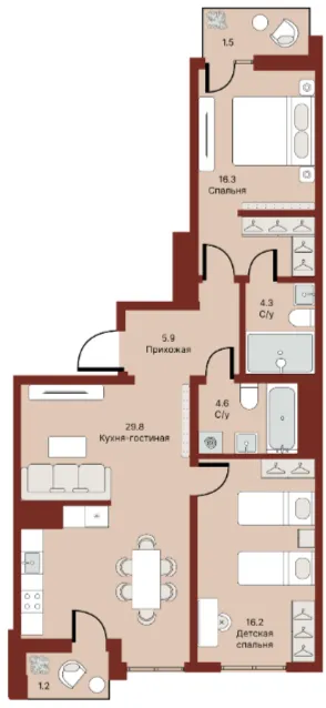 3 xonali 80.16 m²