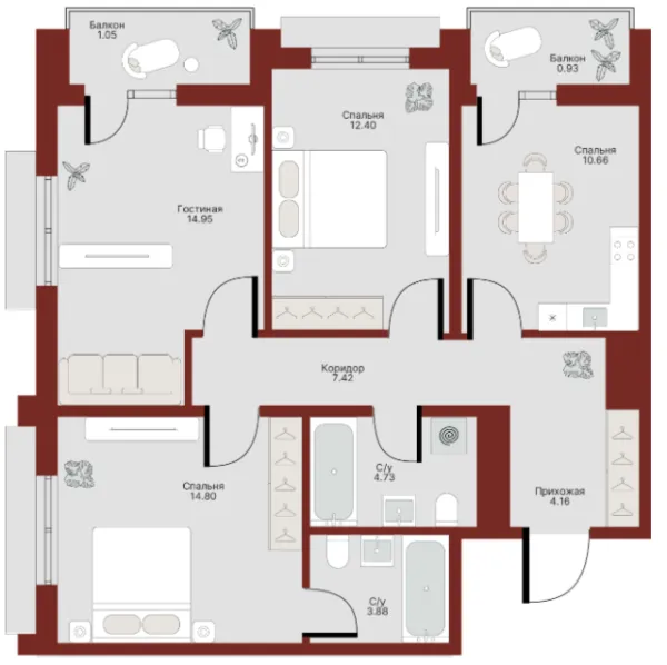 3 xonali 74.97 m²