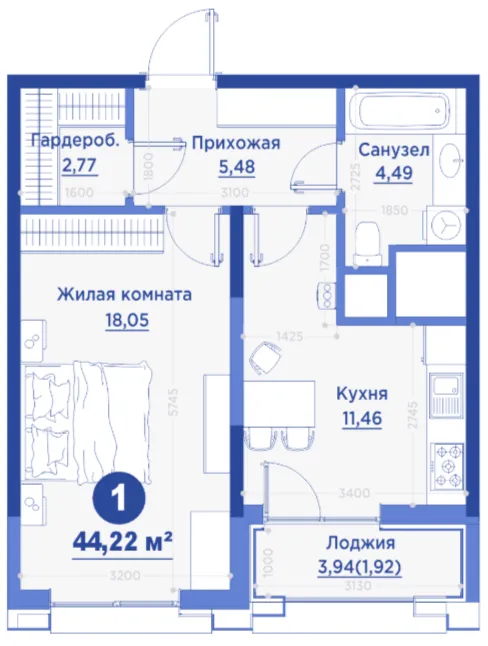 1 xonali 44.22 m²
