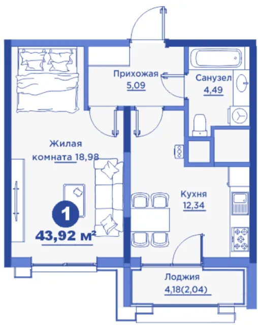 1 xonali 43.92 m²
